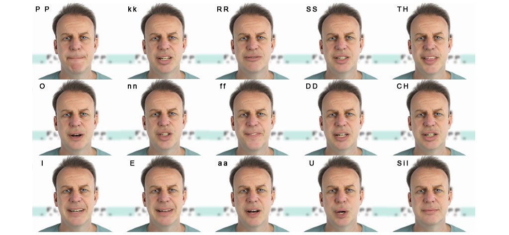Text to speech is served by making use of visemes rather than phonemes.This image shows the viseme blend shapes for a synthetic human avatar.